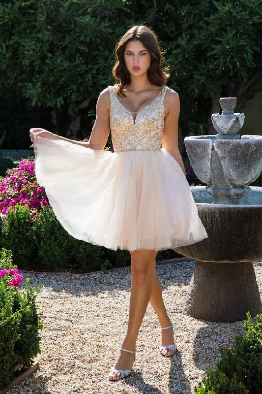 Midi party dresses for wedding guests -Beaded Short V-Neck A-line Dress by Eureka 9926 Midi party dresses for wedding guests -Beaded Short V-Neck A-line Dress by Eureka 9926