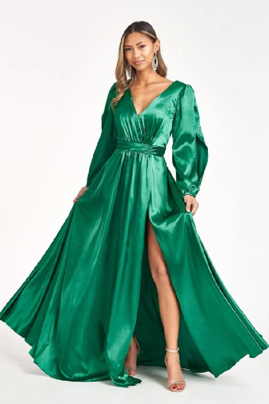 cocktail dresses with pleated skirts for elegant flow --Long Sleeve Shiny Satin Gown by Elizabeth K GL1990 cocktail dresses with pleated skirts for elegant flow --Long Sleeve Shiny Satin Gown by Elizabeth K GL1990