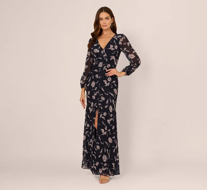 formal dresses for cocktail parties with fitted silhouettes --Long Sleeve Floral Chiffon Maxi Dress In Navy Blush formal dresses for cocktail parties with fitted silhouettes --Long Sleeve Floral Chiffon Maxi Dress In Navy Blush