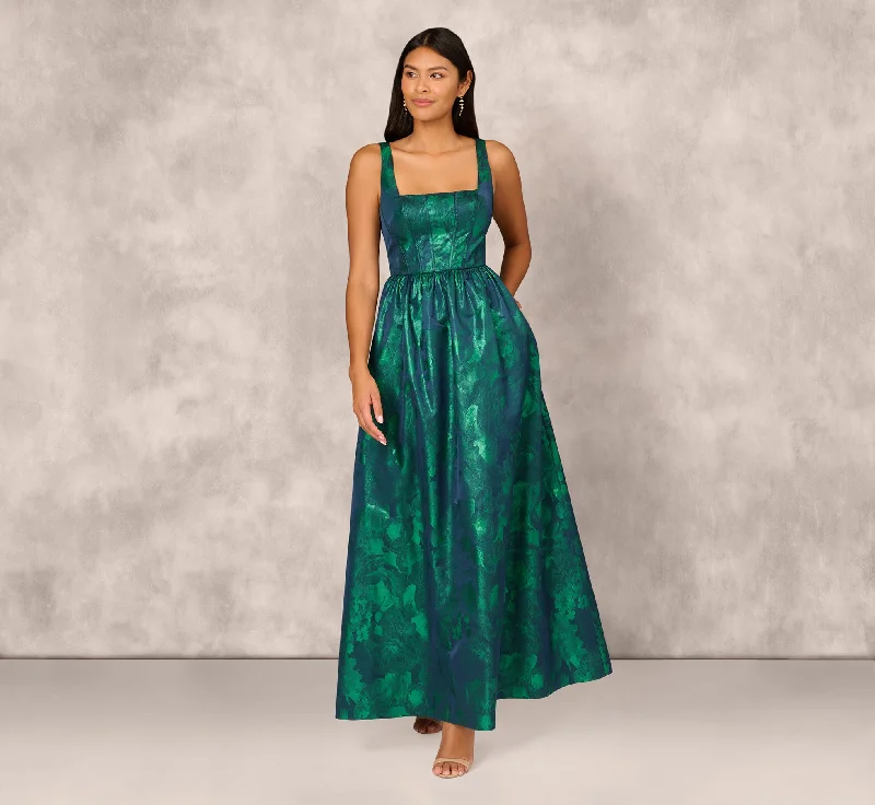 formal dresses for cocktail parties with off-shoulder design --Lame Satin Jacquard Gown With Square Neckline In Dark Ivy formal dresses for cocktail parties with off-shoulder design --Lame Satin Jacquard Gown With Square Neckline In Dark Ivy