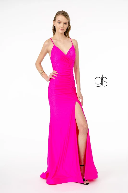 cocktail dresses with off-shoulder necklines for feminine charm --Ruched Long V-Neck Dress with Corset Back by Elizabeth K GL1816 cocktail dresses with off-shoulder necklines for feminine charm --Ruched Long V-Neck Dress with Corset Back by Elizabeth K GL1816