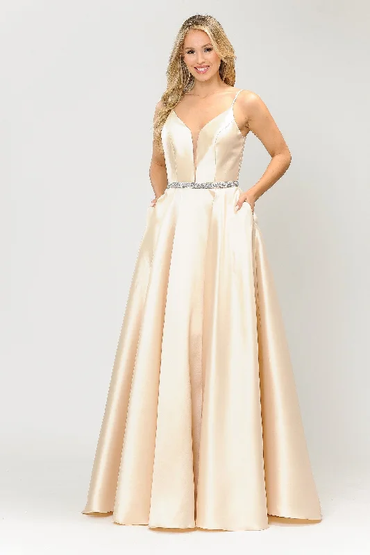 cocktail dresses with mesh sleeves for subtle coverage --Long Spaghetti Strap Dress with Deep Neckline by Poly USA 8672