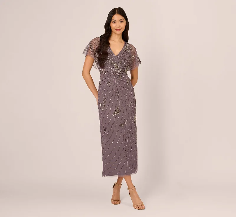 formal dresses for post-surgery patients with easy closures --Beaded Ankle Length Dress With Sheer Flutter Sleeves In Moonscape formal dresses for post-surgery patients with easy closures --Beaded Ankle Length Dress With Sheer Flutter Sleeves In Moonscape