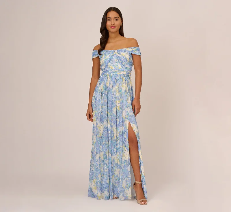 formal dresses with built-in cooling technology for hot climates --Watercolor Floral Print Gown With Off The Shoulder Neckline In Blue Multi formal dresses with built-in cooling technology for hot climates --Watercolor Floral Print Gown With Off The Shoulder Neckline In Blue Multi