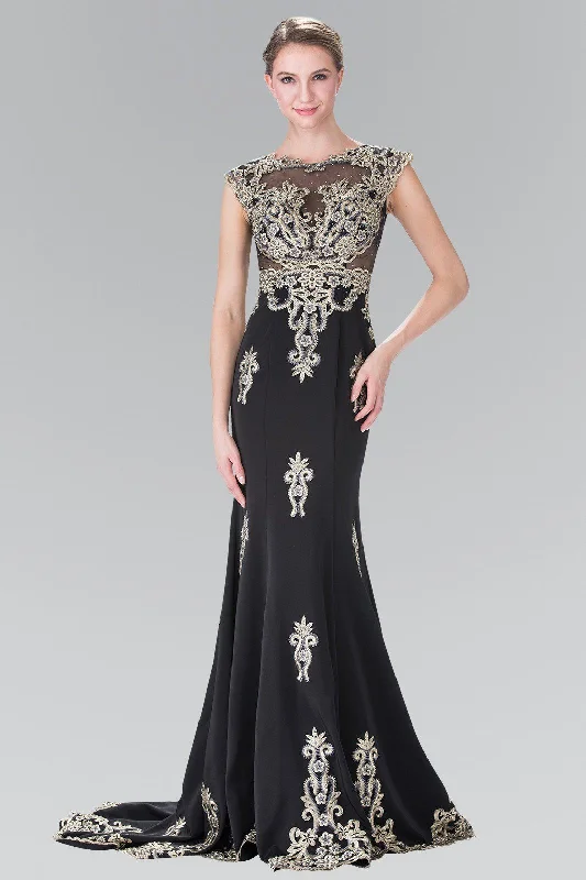 cocktail dresses with metallic fabrics for festive occasions --Long Cap Sleeve Illusion Dress with Applique by Elizabeth K GL2233 cocktail dresses with metallic fabrics for festive occasions --Long Cap Sleeve Illusion Dress with Applique by Elizabeth K GL2233