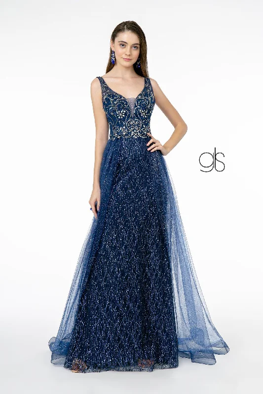 Wedding guest dresses that pair perfectly with neutral shoes -Jeweled V-Neck Gown with Glitter Overskirt by Elizabeth K GL1840 Wedding guest dresses that pair perfectly with neutral shoes -Jeweled V-Neck Gown with Glitter Overskirt by Elizabeth K GL1840