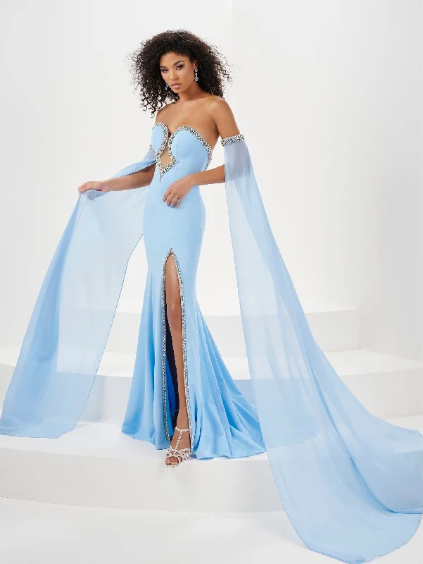 cocktail dresses with beaded straps for sparkle --Fitted Beaded Strapless Cape Sleeve Slit Gown by Panoply 14194 cocktail dresses with beaded straps for sparkle --Fitted Beaded Strapless Cape Sleeve Slit Gown by Panoply 14194