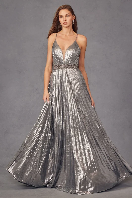 cocktail dresses with satin finish for luxurious look --Pleated Metallic Long Sleeveless V-Neck Dress by Juliet 226 cocktail dresses with satin finish for luxurious look --Pleated Metallic Long Sleeveless V-Neck Dress by Juliet 226