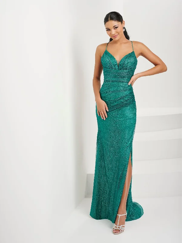 cocktail dresses with ruched sides for slimming effect --Fitted Glitter Lace-Up Slit Gown by Tiffany Designs 16075 cocktail dresses with ruched sides for slimming effect --Fitted Glitter Lace-Up Slit Gown by Tiffany Designs 16075