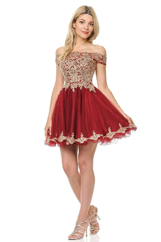 Graduation dresses with floral prints for a spring vibe -Short Off the Shoulder Dress with Gold Lace Appliques 8124 Graduation dresses with floral prints for a spring vibe -Short Off the Shoulder Dress with Gold Lace Appliques 8124