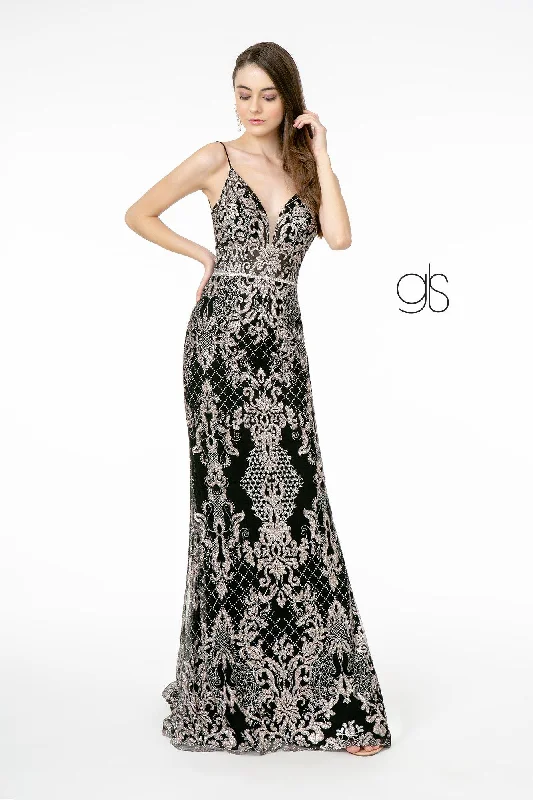cocktail dresses with velvet finishes for winter warmth --Glitter Embroidered Long Fitted V-Neck Dress by Elizabeth K GL2990 cocktail dresses with velvet finishes for winter warmth --Glitter Embroidered Long Fitted V-Neck Dress by Elizabeth K GL2990