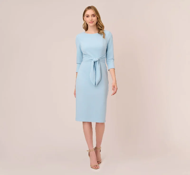 Simple spring dresses for easy styling with accessories -Knit Crepe Bow Sheath Dress With Three Quarter Sleeves In Blue Mist Simple spring dresses for easy styling with accessories -Knit Crepe Bow Sheath Dress With Three Quarter Sleeves In Blue Mist