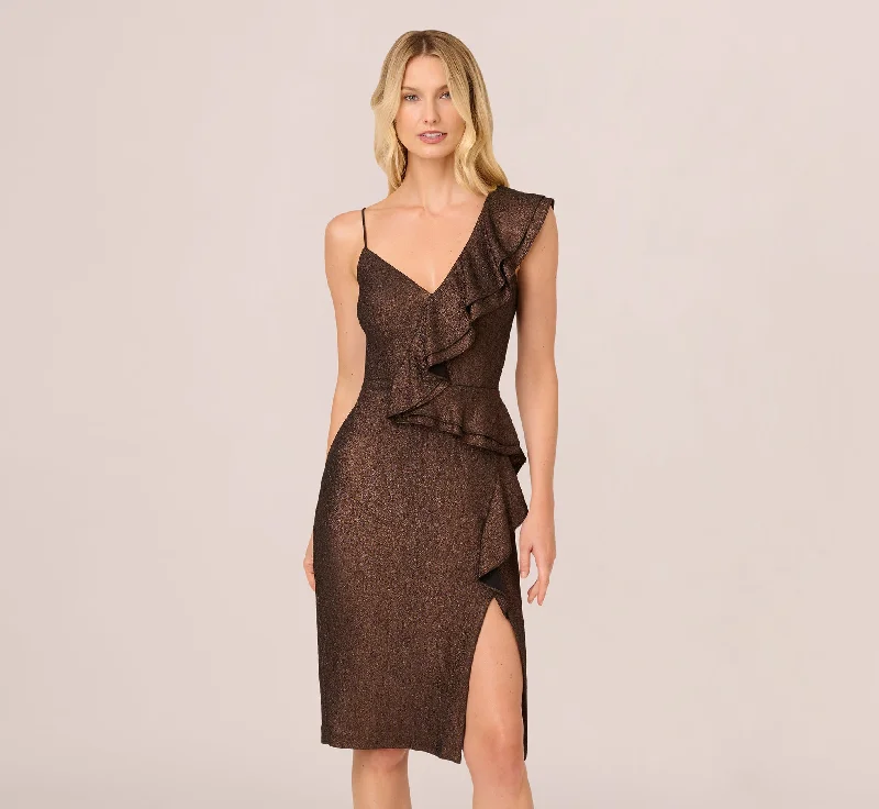 Elegant wedding guest dresses that suit all skin tones -Foiled Knit Midi Dress In Black Bronze