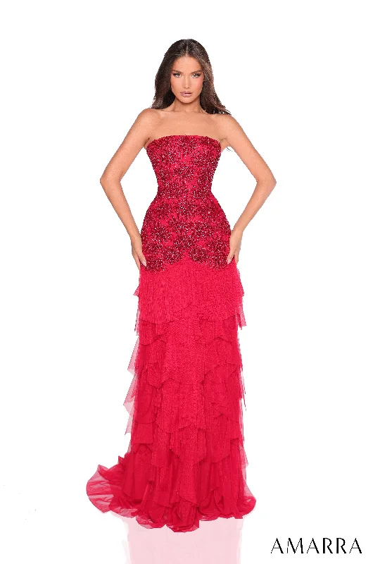 formal dresses with satin sashes for waist accentuation --Beaded Strapless A-line Ruffled Gown by Amarra 88262 formal dresses with satin sashes for waist accentuation --Beaded Strapless A-line Ruffled Gown by Amarra 88262