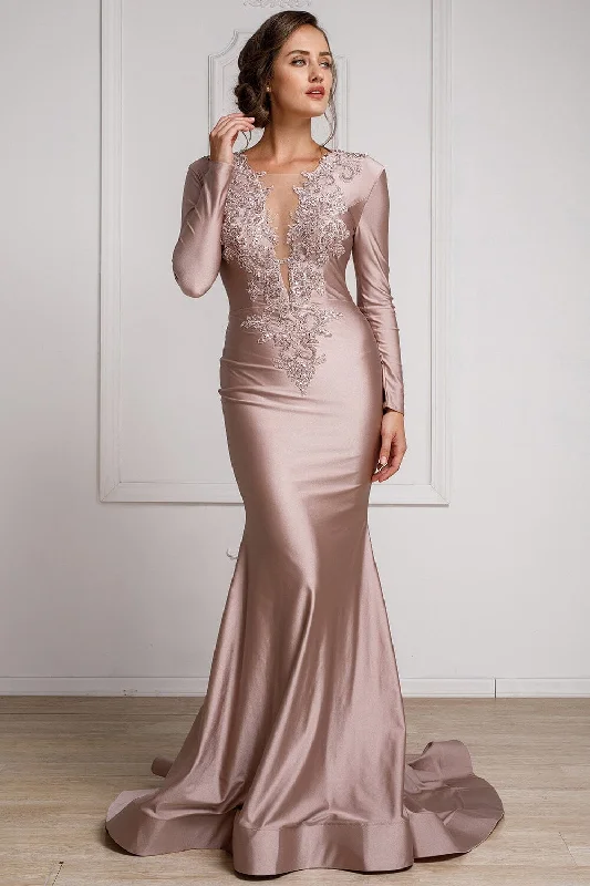Wedding guest dresses with unique prints for a personal touch -Applique Long Sleeve Lycra Gown by Amelia Couture 382 Wedding guest dresses with unique prints for a personal touch -Applique Long Sleeve Lycra Gown by Amelia Couture 382