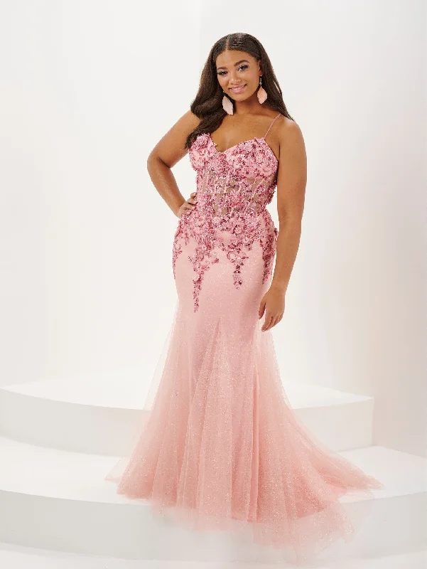 Wedding guest dresses with delicate details for a polished look -Plus Size Applique Sheer Corset Gown by Tiffany Designs 16133 Wedding guest dresses with delicate details for a polished look -Plus Size Applique Sheer Corset Gown by Tiffany Designs 16133