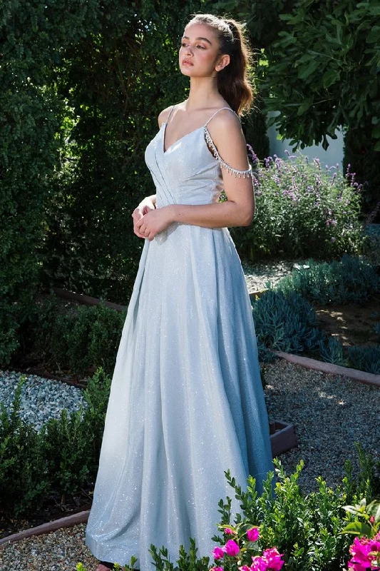 Trendy wedding guest dresses with cut-out details for added drama -Metallic Cold Shoulder A-line Slit Gown by Eureka 9800 Trendy wedding guest dresses with cut-out details for added drama -Metallic Cold Shoulder A-line Slit Gown by Eureka 9800