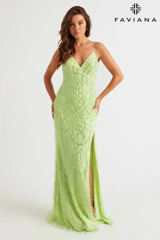 short cocktail dresses with sequins for holiday celebrations --Beaded Strappy Back Slit Gown by Faviana 11084 short cocktail dresses with sequins for holiday celebrations --Beaded Strappy Back Slit Gown by Faviana 11084