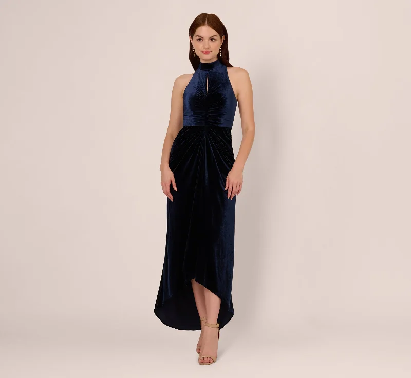 formal dresses with satin fabric for smooth finish --Velvet High Low Halter Gown With Cutout Mock Neck In Midnight formal dresses with satin fabric for smooth finish --Velvet High Low Halter Gown With Cutout Mock Neck In Midnight