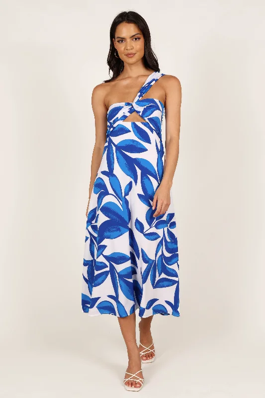 Beautiful wedding guest dresses with velvet fabrics for winter elegance -Freddie Midi Dress - White/Blue Beautiful wedding guest dresses with velvet fabrics for winter elegance -Freddie Midi Dress - White/Blue