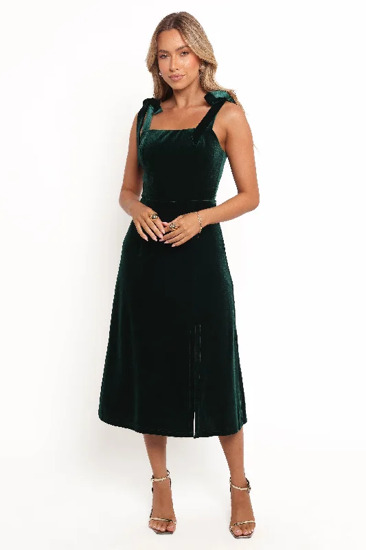 Sophisticated wedding guest dresses with subtle embellishments -Laurel Velvet Midi Dress - Emerald Green Sophisticated wedding guest dresses with subtle embellishments -Laurel Velvet Midi Dress - Emerald Green