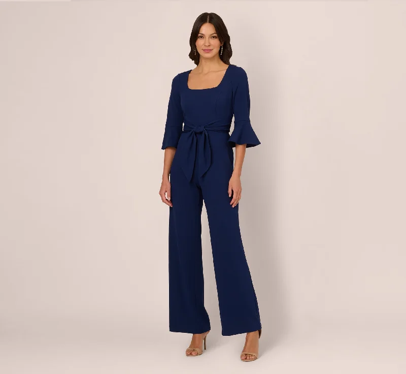 Spring dresses with sequin accents for a party-ready style -Knit Crepe Wide Leg Jumpsuit With Bell Sleeves In Navy Sateen Spring dresses with sequin accents for a party-ready style -Knit Crepe Wide Leg Jumpsuit With Bell Sleeves In Navy Sateen