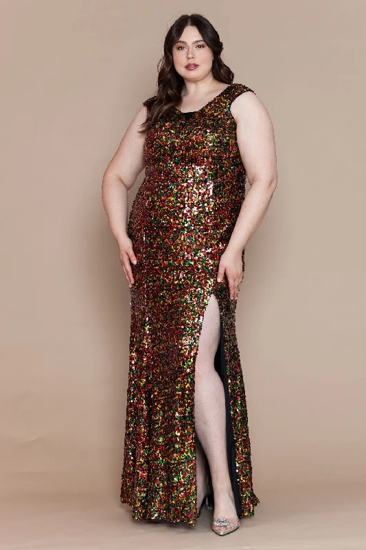 Off-shoulder wedding guest dresses for a romantic look -Plus Size Fitted Multicolor Sequin Gown by Poly USA W1124 Off-shoulder wedding guest dresses for a romantic look -Plus Size Fitted Multicolor Sequin Gown by Poly USA W1124