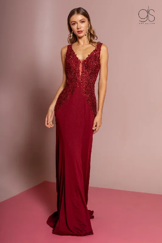 cocktail dresses with bow accents for feminine touch --Long V-Neck Dress with Embroidered Bodice by Elizabeth K GL2614 cocktail dresses with bow accents for feminine touch --Long V-Neck Dress with Embroidered Bodice by Elizabeth K GL2614