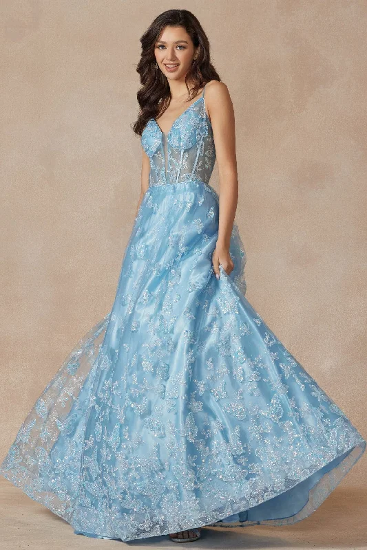 Wedding guest dresses with shimmer for evening events -Glitter Butterfly Print Sleeveless Corset Gown by Juliet 2413 Wedding guest dresses with shimmer for evening events -Glitter Butterfly Print Sleeveless Corset Gown by Juliet 2413