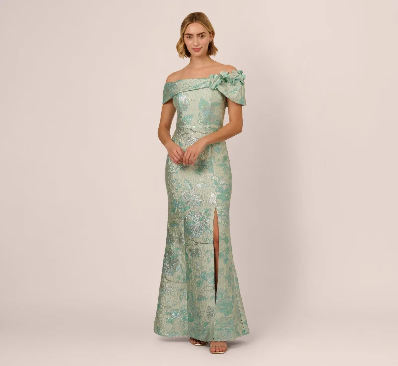 formal dresses with off-shoulder sleeves for summer events --Off Shoulder Floral Jacquard Mermaid Gown In Icy Sage formal dresses with off-shoulder sleeves for summer events --Off Shoulder Floral Jacquard Mermaid Gown In Icy Sage