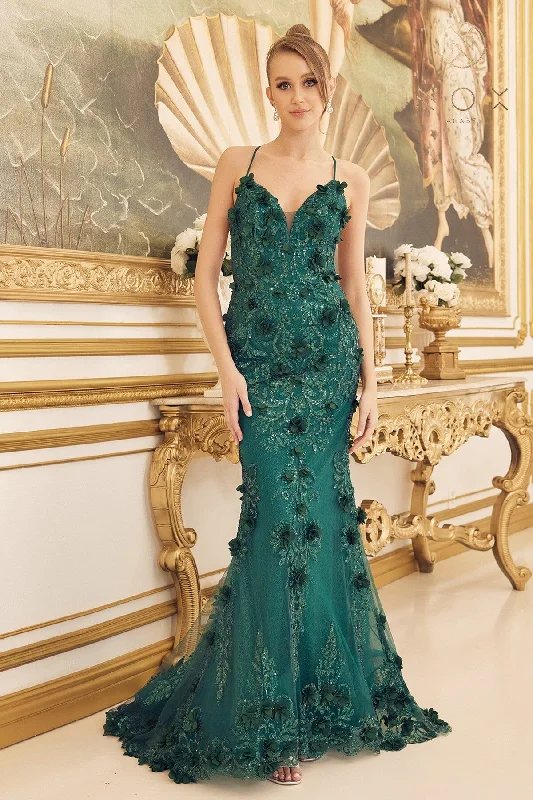 cocktail dresses with mesh sleeves for subtle coverage --3D Floral Lace-Up Back Mermaid Gown by Nox Anabel C1098 cocktail dresses with mesh sleeves for subtle coverage --3D Floral Lace-Up Back Mermaid Gown by Nox Anabel C1098