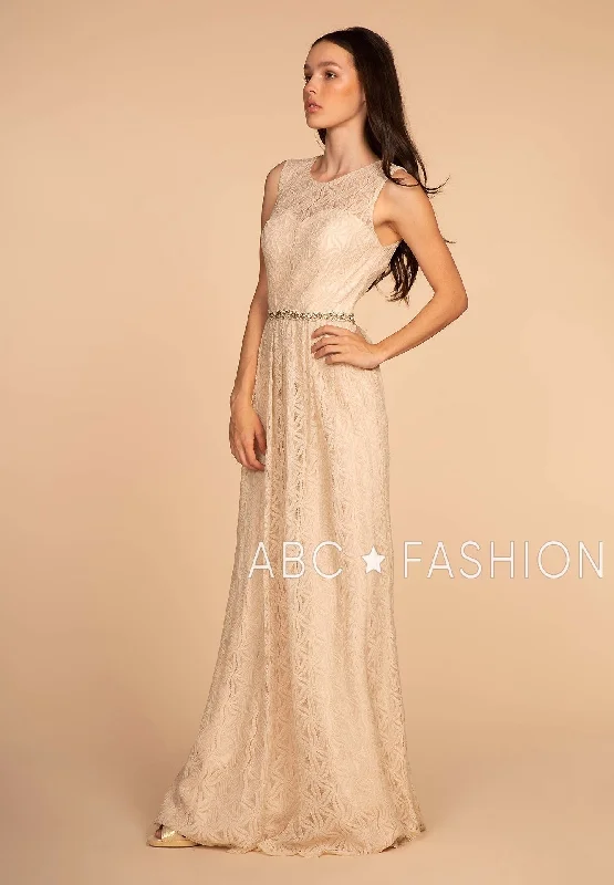 Comfortable wedding guest dresses for outdoor celebrations -Long Lace Dress with Jeweled Waistband by Elizabeth K GL2611 Comfortable wedding guest dresses for outdoor celebrations -Long Lace Dress with Jeweled Waistband by Elizabeth K GL2611