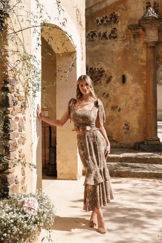 Wedding guest dresses with a layered design for added texture -Luna Two Piece Set - Olive Print Wedding guest dresses with a layered design for added texture -Luna Two Piece Set - Olive Print