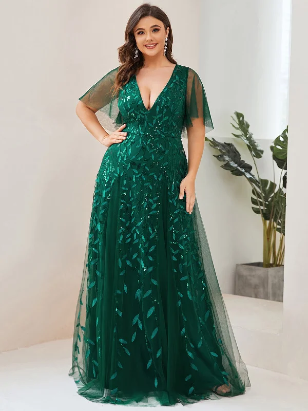 formal dresses for destination weddings with breathable fabrics --Plus Size Deep V Neck Wholesale Sequin Evening Gown With Short Sleeves formal dresses for destination weddings with breathable fabrics --Plus Size Deep V Neck Wholesale Sequin Evening Gown With Short Sleeves