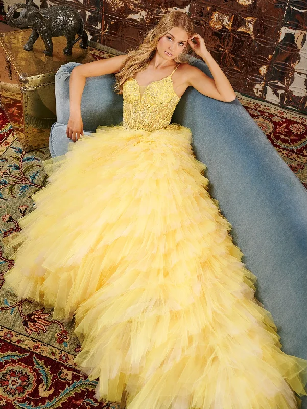 cocktail dresses with puffed sleeves for vintage flair --Applique Ruffled Ombre Tulle Gown by Tiffany Designs 16115