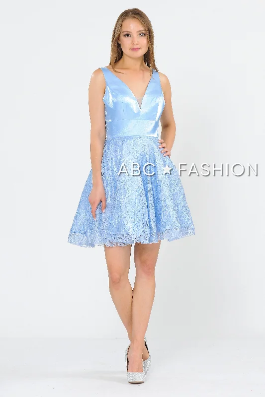 Graduation dresses with a wrap-around style for an elegant fit -Short V-Neck Dress with A-line Lace Skirt by Poly USA 8418 Graduation dresses with a wrap-around style for an elegant fit -Short V-Neck Dress with A-line Lace Skirt by Poly USA 8418