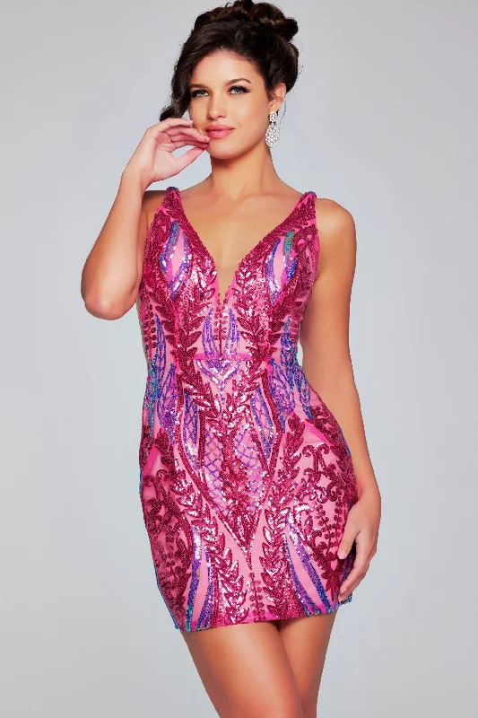 Elegant metallic party dresses for festive occasions -Iridescent Sequin Short V-Neck Dress by Jovani 36784