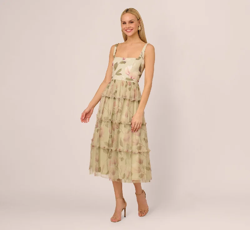Wedding guest dresses with pleated details for added texture -Sleeveless Square Neck Floral Tiered Midi Dress In Green Multi Wedding guest dresses with pleated details for added texture -Sleeveless Square Neck Floral Tiered Midi Dress In Green Multi