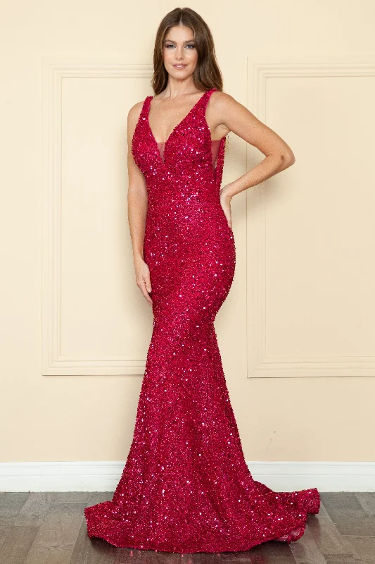 formal dresses with adjustable straps for custom fit --Fitted Sequin Sheer V-Neck Gown by Poly USA 9108 formal dresses with adjustable straps for custom fit --Fitted Sequin Sheer V-Neck Gown by Poly USA 9108