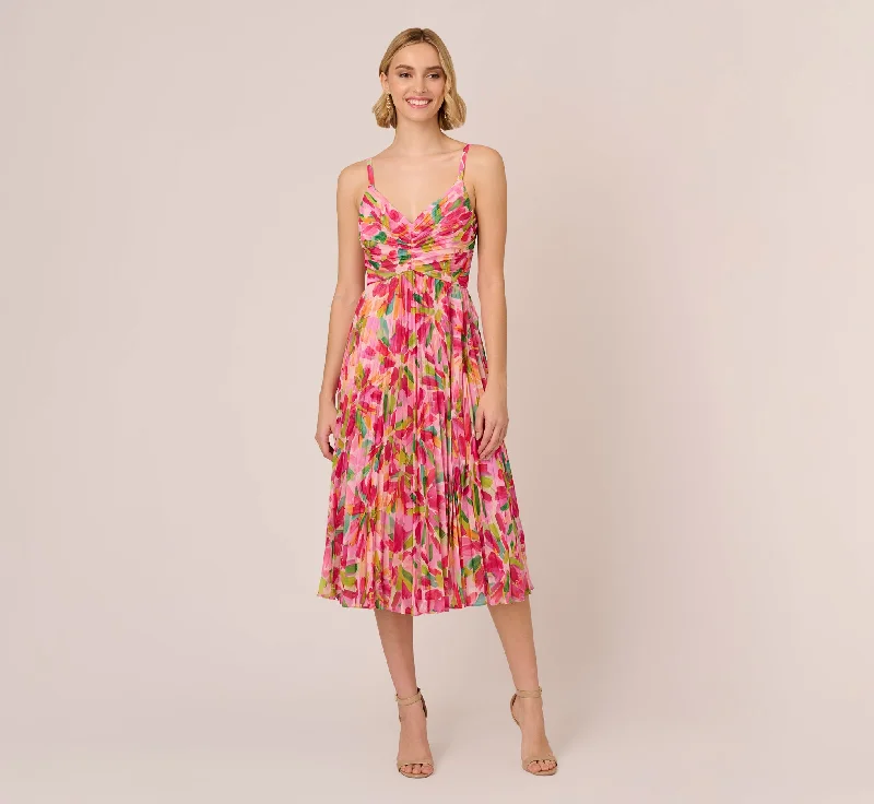 Spring dresses for all-day comfort with soft fabrics -Floral Print Pleated Chiffon Midi Dress In Pink Green Multi Spring dresses for all-day comfort with soft fabrics -Floral Print Pleated Chiffon Midi Dress In Pink Green Multi