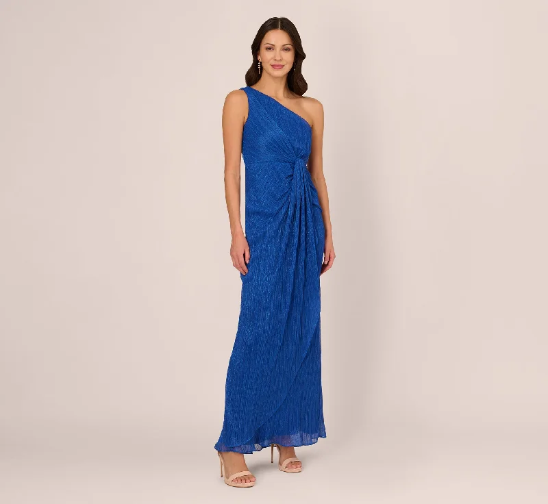 formal dresses in pastel colors for springtime events --Stardust Pleated Draped One Shoulder Gown In Brilliant Sapphire