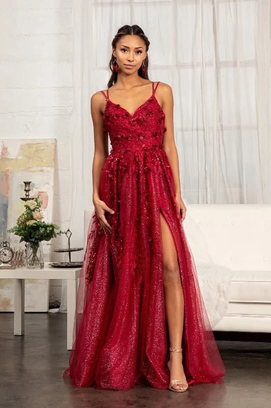 formal dresses for office parties with knee-length cuts --3D Floral Strappy Back Gown by Elizabeth K GL3033 formal dresses for office parties with knee-length cuts --3D Floral Strappy Back Gown by Elizabeth K GL3033