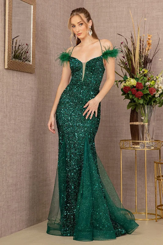 cocktail dresses with wrap fronts for flattering fit --Glitter Off Shoulder Feather Gown by GLS Gloria GL3130