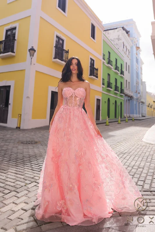 cocktail dresses with high-low skirts for trendy looks --Floral Embroidered Corset A-line Gown by Nox Anabel T1332