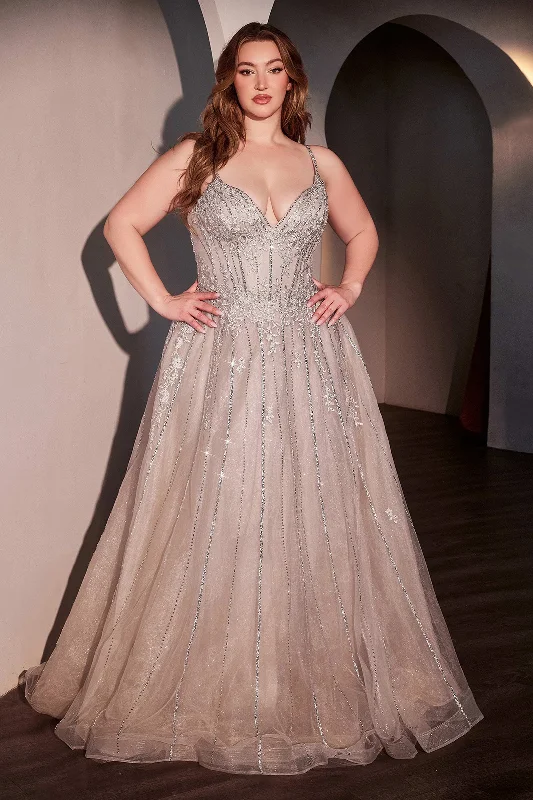cocktail dresses with spaghetti straps for minimalist look --Plus Size Beaded Tulle A-line Gown by Ladivine CD786C cocktail dresses with spaghetti straps for minimalist look --Plus Size Beaded Tulle A-line Gown by Ladivine CD786C