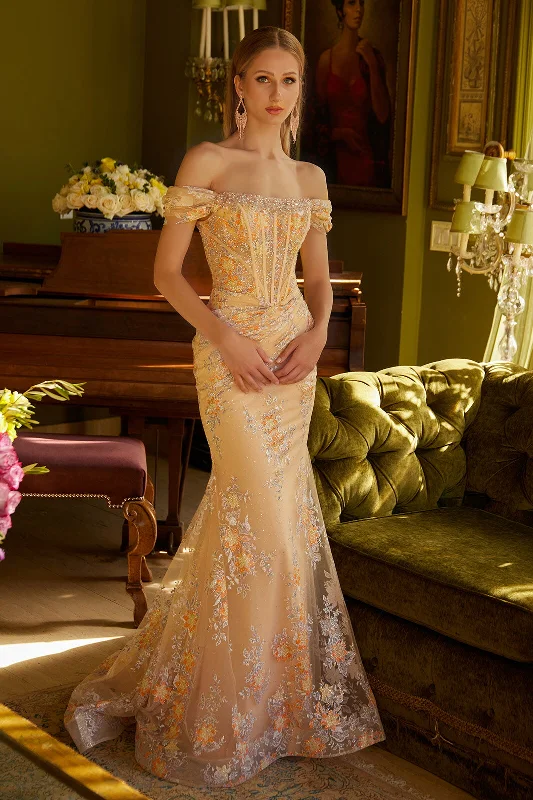 cocktail dresses with velvet finishes for winter warmth --Applique Off Shoulder Gown by GLS Gloria GL3592