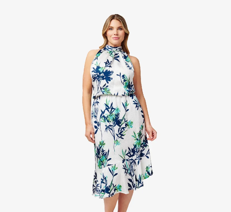 Colorful spring dresses for a fun, vibrant wardrobe -Plus Size Floral-Print Crepe Midi-Length Blouson Halter Dress In Ivory Multi Colorful spring dresses for a fun, vibrant wardrobe -Plus Size Floral-Print Crepe Midi-Length Blouson Halter Dress In Ivory Multi