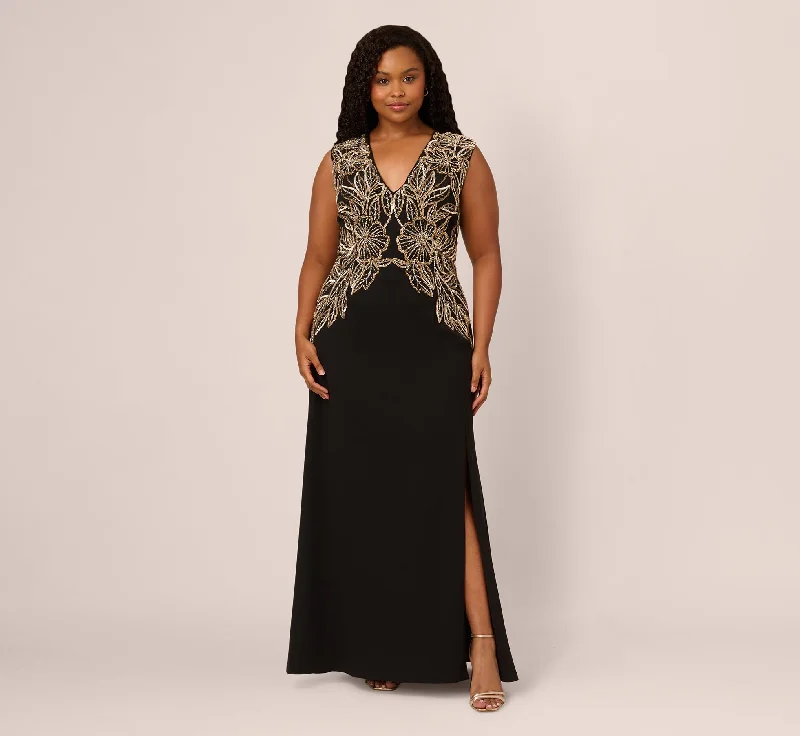 formal dresses in sustainable fabrics like organic cotton --Plus Size Beaded Crepe Long Dress In Black formal dresses in sustainable fabrics like organic cotton --Plus Size Beaded Crepe Long Dress In Black