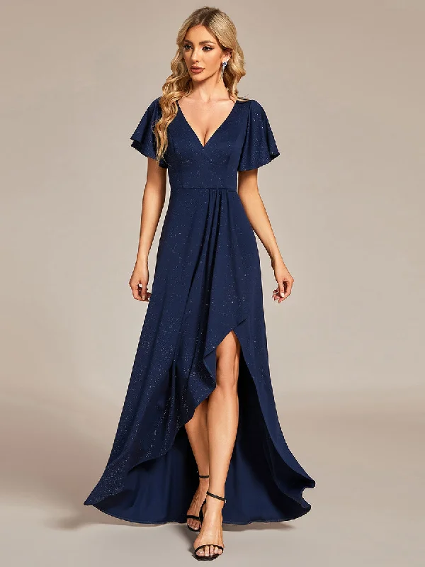 formal dresses for prom with sweetheart necklines --Tea Length Split Shiny Wholesale Evening Dresses With Ruffle Sleeves formal dresses for prom with sweetheart necklines --Tea Length Split Shiny Wholesale Evening Dresses With Ruffle Sleeves