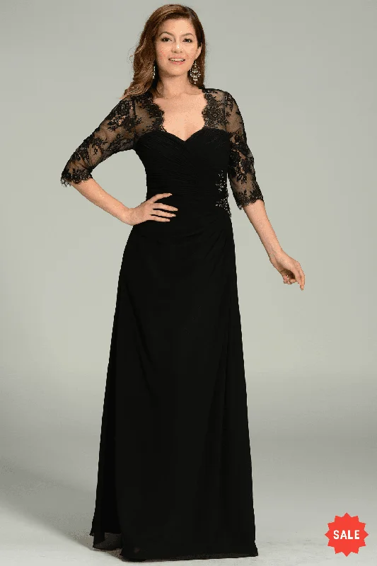 Stylish wedding guest dresses for beach weddings -Long Chiffon Dress with Lace Sleeves by Poly USA 7210 Stylish wedding guest dresses for beach weddings -Long Chiffon Dress with Lace Sleeves by Poly USA 7210